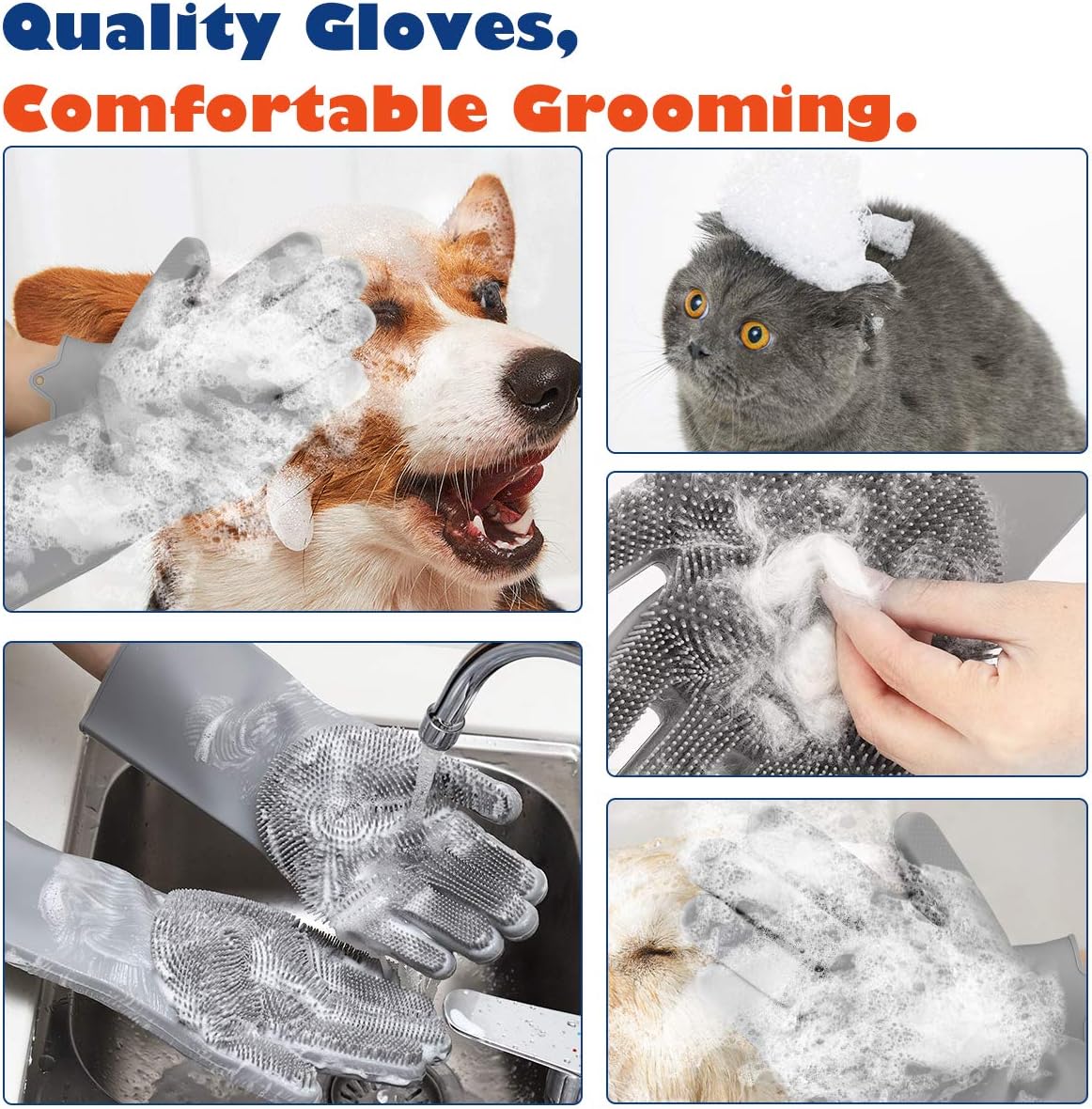 Pet Grooming Gloves, Dog Bathing Shampoo Gloves with High Density Teeth, Heat Resistant Silicone Pet Hair Remover Brush for Cat & Dogs, Gray