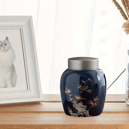 Dark Blue Bamboo Ceramic Pet Urn For Cats & Dogs