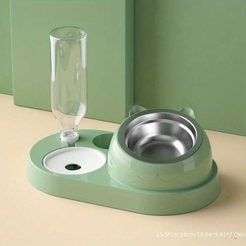 2-in-1 Pet Feeder & Water Bowl: Stainless Steel Cat Feeder Bowl with Automatic Water Bottle