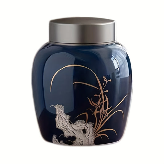 Elegant Ceramic Pet Urn with Golden Floral Design