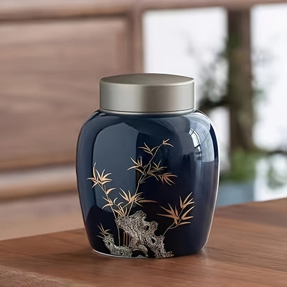 Dark Blue Bamboo Ceramic Pet Urn For Cats & Dogs