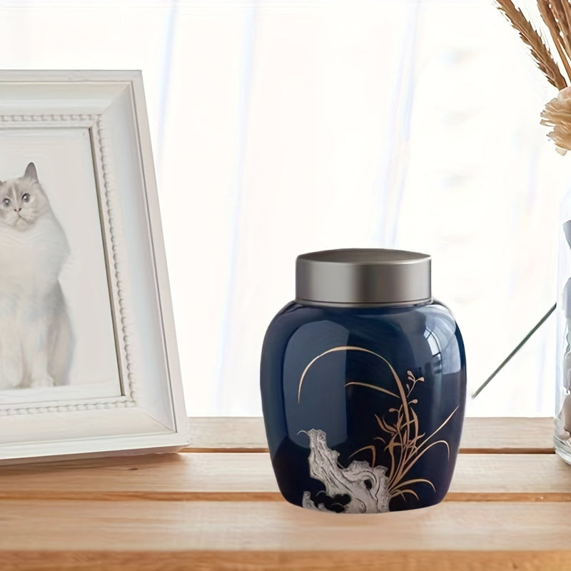 Elegant Ceramic Pet Urn with Golden Floral Design