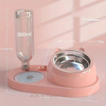 2-in-1 Pet Feeder & Water Bowl: Stainless Steel Cat Feeder Bowl with Automatic Water Bottle