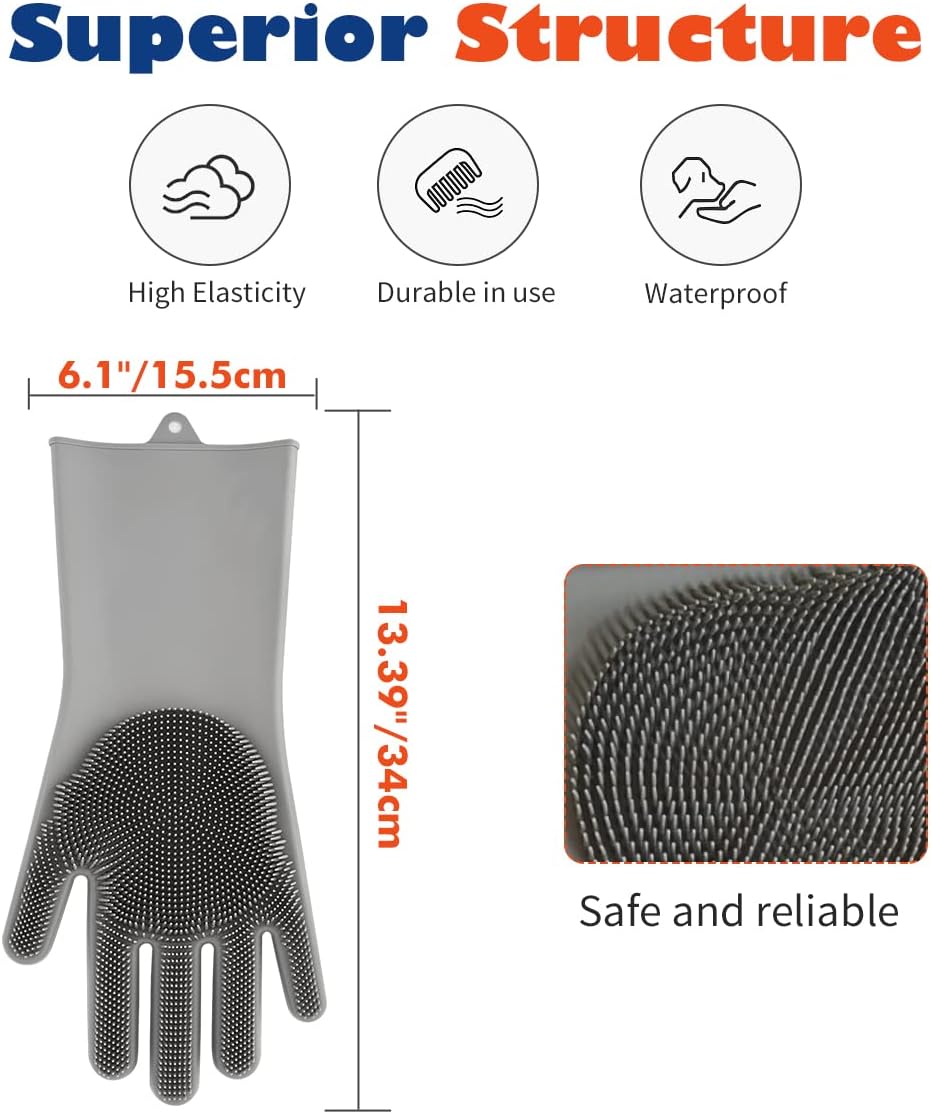 Pet Grooming Gloves, Dog Bathing Shampoo Gloves with High Density Teeth, Heat Resistant Silicone Pet Hair Remover Brush for Cat & Dogs, Gray