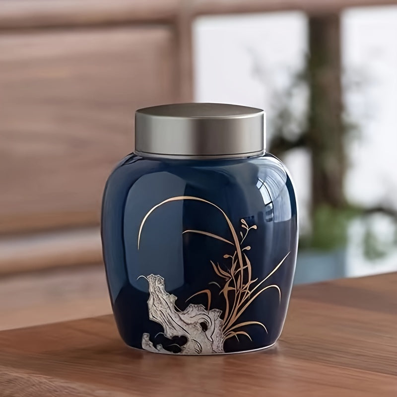 Elegant Ceramic Pet Urn with Golden Floral Design